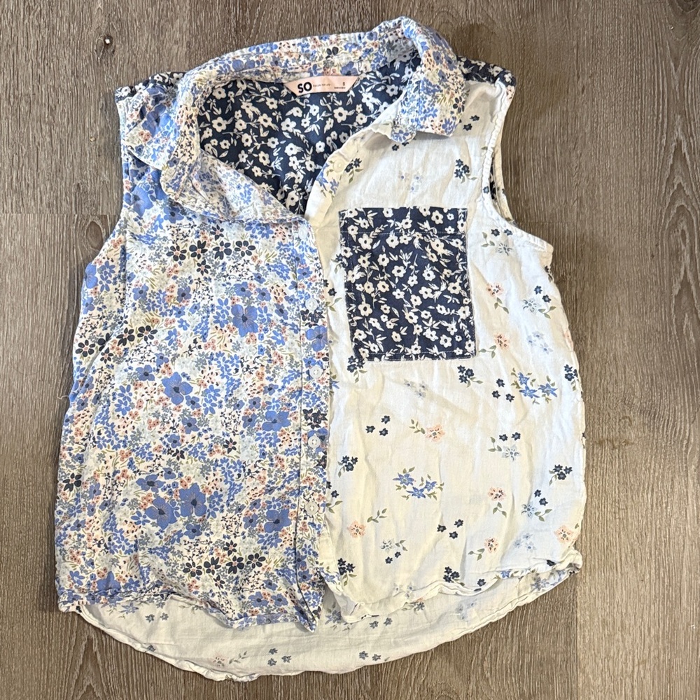 SO Women's Floral Patchwork Blouse - Blue and White